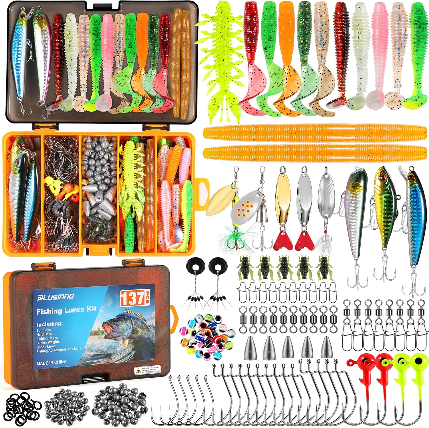 PLUSINNO Fishing Lures, 137Pcs Tackle Box with Tackle Included, Crankbaits, Spoon, Hooks, Weights & Other Accessories, Fishing Bait Lure Gear Kit Gift for Men Bass Freshwater