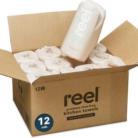 Reel Premium Recycled Paper Towels- 12 Rolls, 2-Ply Made From Tree-Free, 100% Recycled Paper - Eco-Friendly, Hypoallergenic and Zero Plastic Packaging