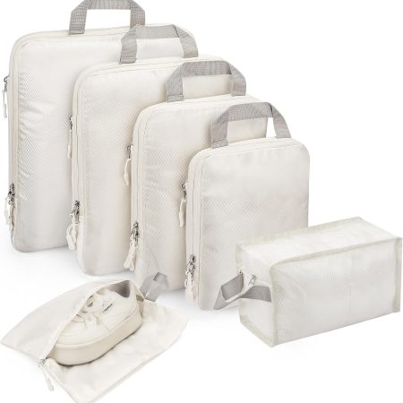 YOOFAN Travel Packing Cubes - Suitcase and Luggage Organizer Compressible Bags Set for Effortless Travel Packing, Compression Packing Cubes for Travel, Traveling Essentials (Beige, 6 Set)